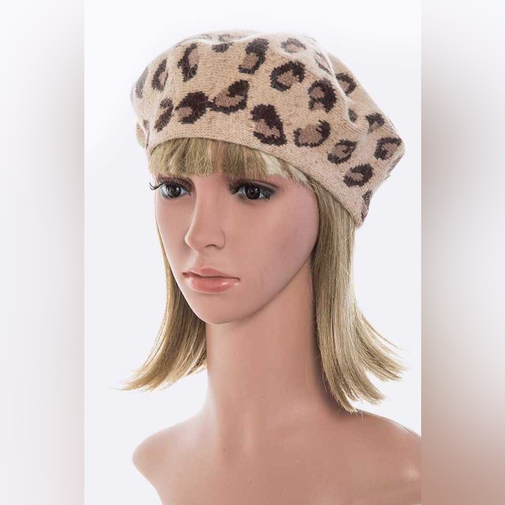 Leopard Print Angora French Beret Hat - Picture 2 of 4